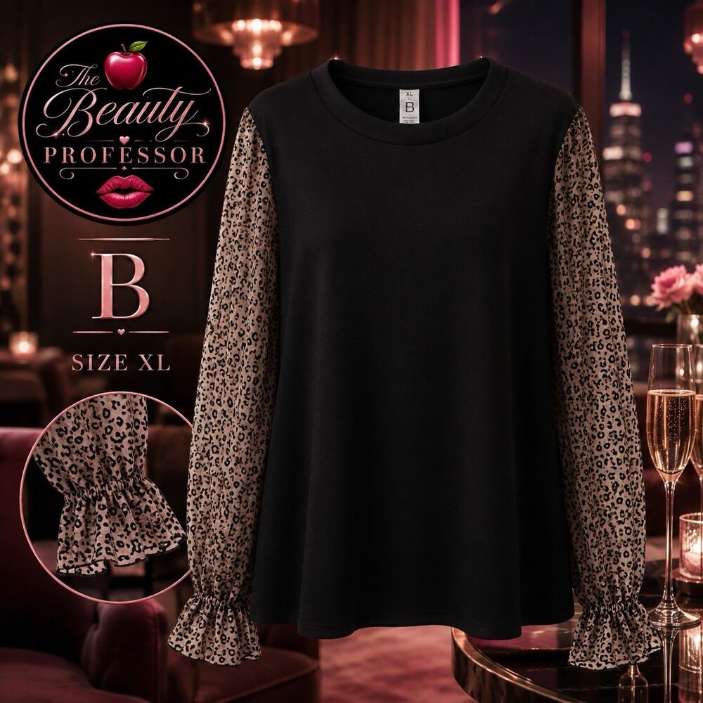 💋 Women’s XL Black Top Sheer Leopard Sleeves Ruffle Cuff Long Sleeve Blouse